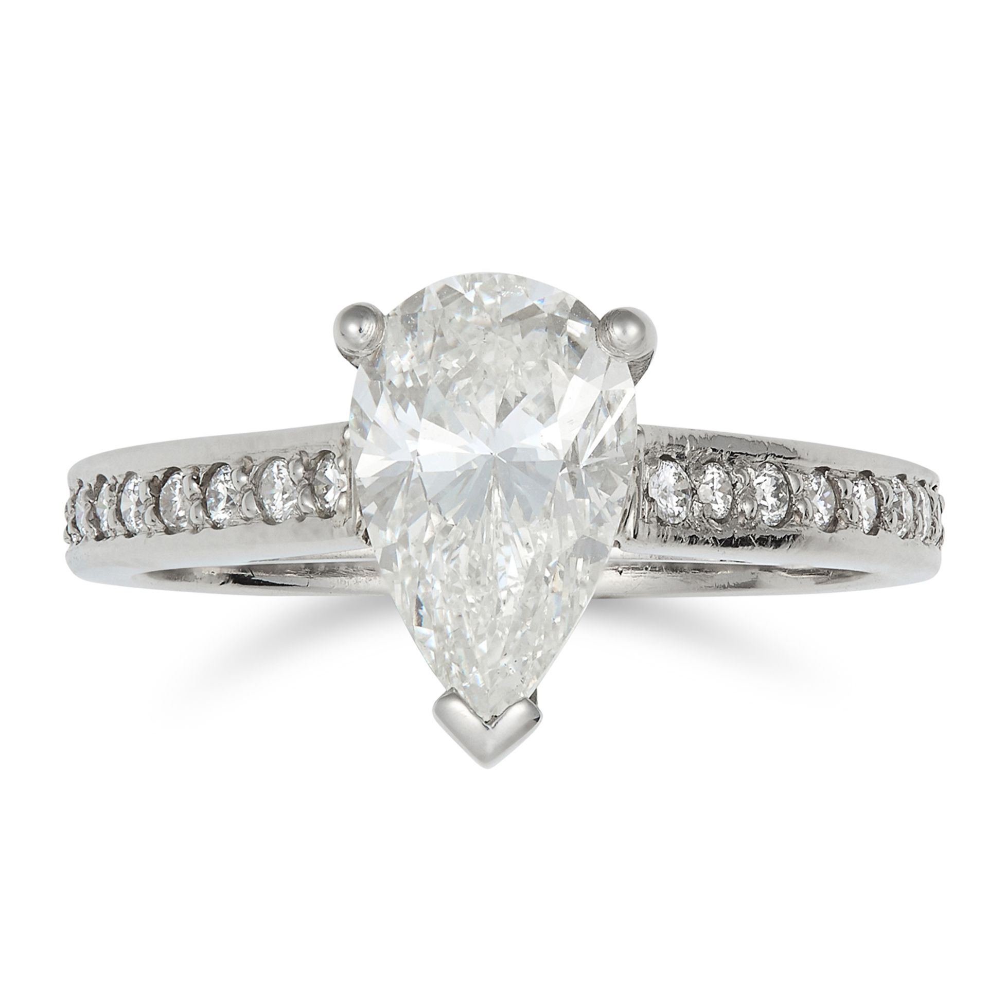 1.51 CARAT SOLITAIRE DIAMOND RING set with a pear cut diamond of 1.51 carats with round cut diamonds