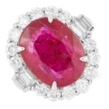 6.12 CARAT MOZAMBIQUE NO HEAT RUBY AND DIAMOND RING set with an oval cut ruby of 6.12 carats in a