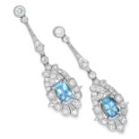 ART DECO AQUAMARINE AND DIAMOND EARRINGS, set with oval cut aquamarines and transitional cut