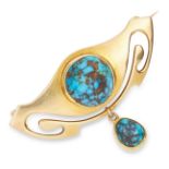 ANTIQUE ART NOUVEAU TURQUOISE BROOCH, MURRLE BENNET in Art Nouveau design set with two cabochon