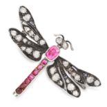 ANTIQUE RUBY AND DIAMOND DRAGONFLY BROOCH set with cushion cut rubies and rose cut diamonds, 2.