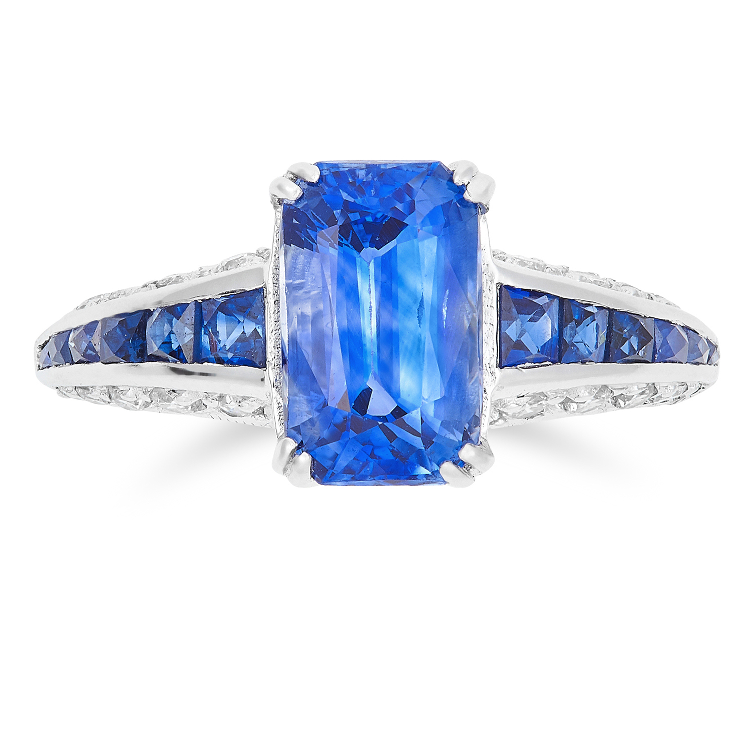 UNHEATED 2.54 CARAT SAPPHIRE AND DIAMOND RING set with a rectangular modified brilliant cut sapphire