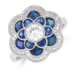 SAPPHIRE AND DIAMOND CLUSTER RING set with alternating round cut diamonds and fancy cut sapphires,