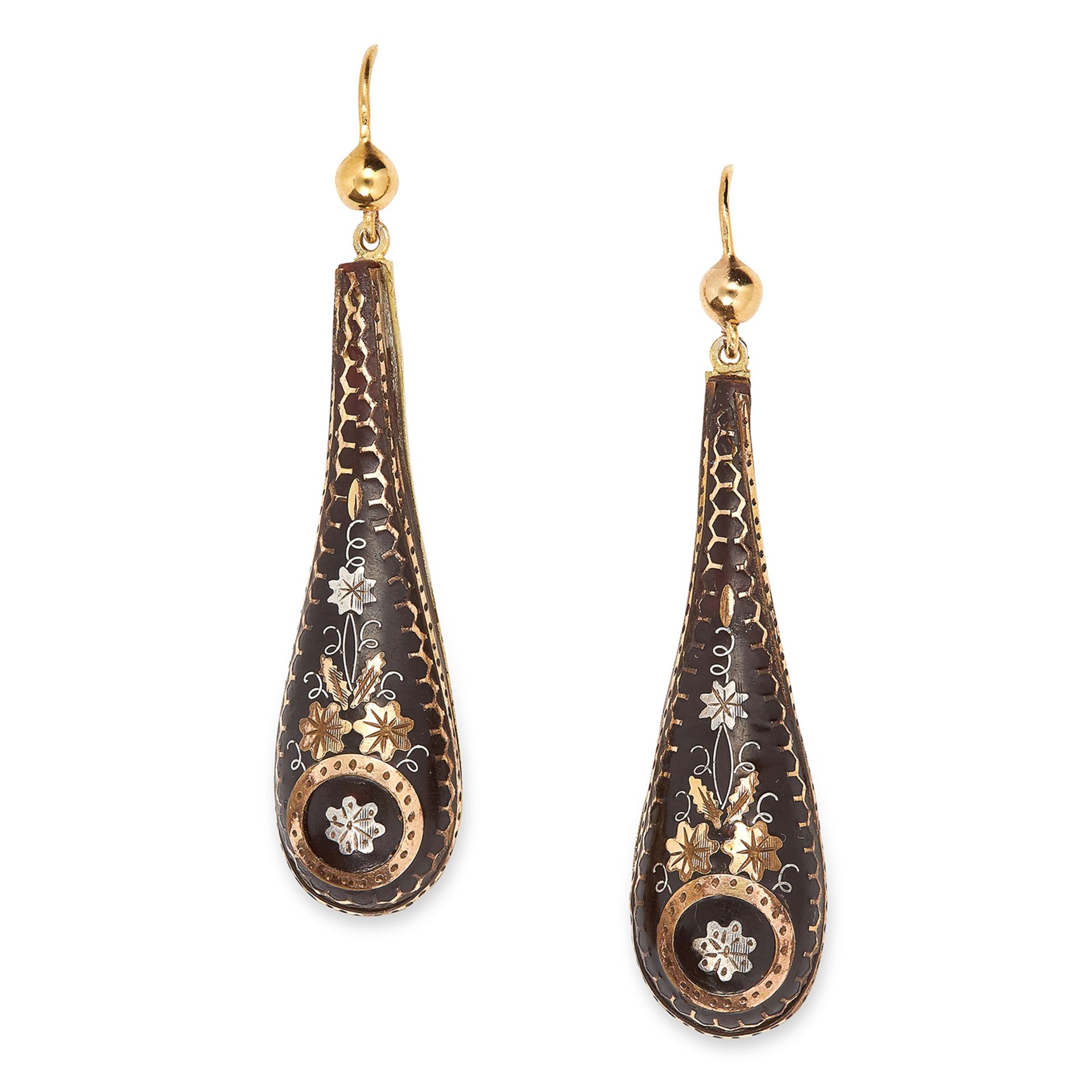 ANTIQUE TORTOISESHELL PIQUE EARRINGS, 19TH CENTURY the drop shaped bodies inlaid with gold pique