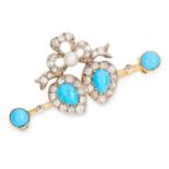 ANTIQUE TURQUOISE, DIAMOND AND PEARL SWEETHEART BROCCH, 19TH CENTURY, set with old and rose cut