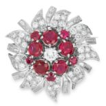 3.60 CARAT BURMA NO HEAT RUBY AND DIAMOND FLOWER BROOCH set with round cut rubies totalling 3.60