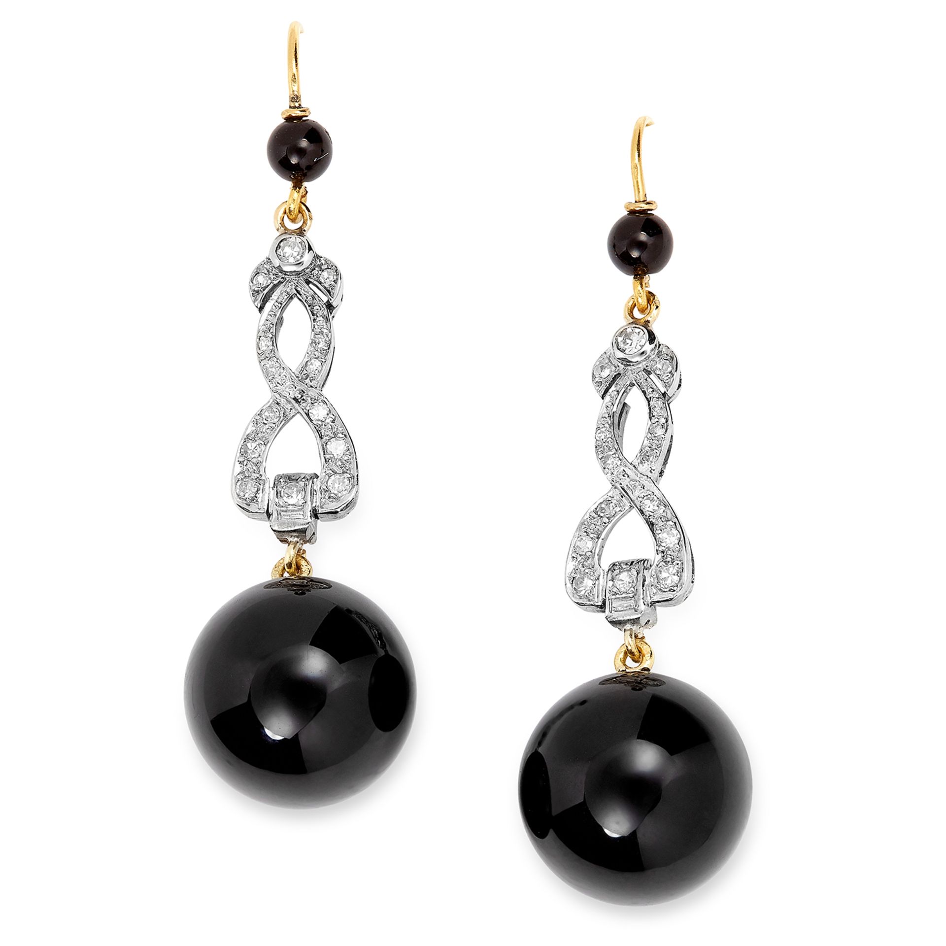 ART DECO ONYX AND DIAMOND EARRINGS set with old and rose cut diamonds, suspending onyx beads of 14.