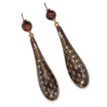 ANTIQUE TORTOISESHELL AND MOTHER OF PEARL PIQUE EARRINGS, 19TH CENTURY the drop bodies inlaid with