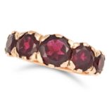 FIVE STONE GARNET RING set with five round cut garnets, size O / 7, 6.8g.