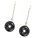 ONYX, DIAMOND AND PEARL EARRINGS the Art Deco diamond and pearl set bodies suspending polished black