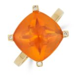 FIRE OPAL AND DIAMOND RING set with a cushion cut fire opal of 4.20 carats and round cut diamonds,