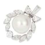 NATURAL PEARL AND DIAMOND PENDANT set with a pearl of 14.4mm encircled by a halo of round, pear,