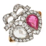 BURMA NO HEAT RUBY AND DIAMOND SWEETHEART RING set with a pear cut ruby of approximately 1.00 carats