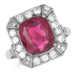 ANTIQUE ART DECO TOURMALINE AND DIAMOND RING set with a cushion cut tourmaline in a border of