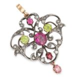 TOURMALINE AND DIAMOND BROOCH / PENDANT the scrolling design is set with round and cushion cut