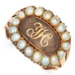 ANTIQUE HAIRWORK AND PEARL MOURNING RING CIRCA 1820 set with pearls and an oval panel of woven