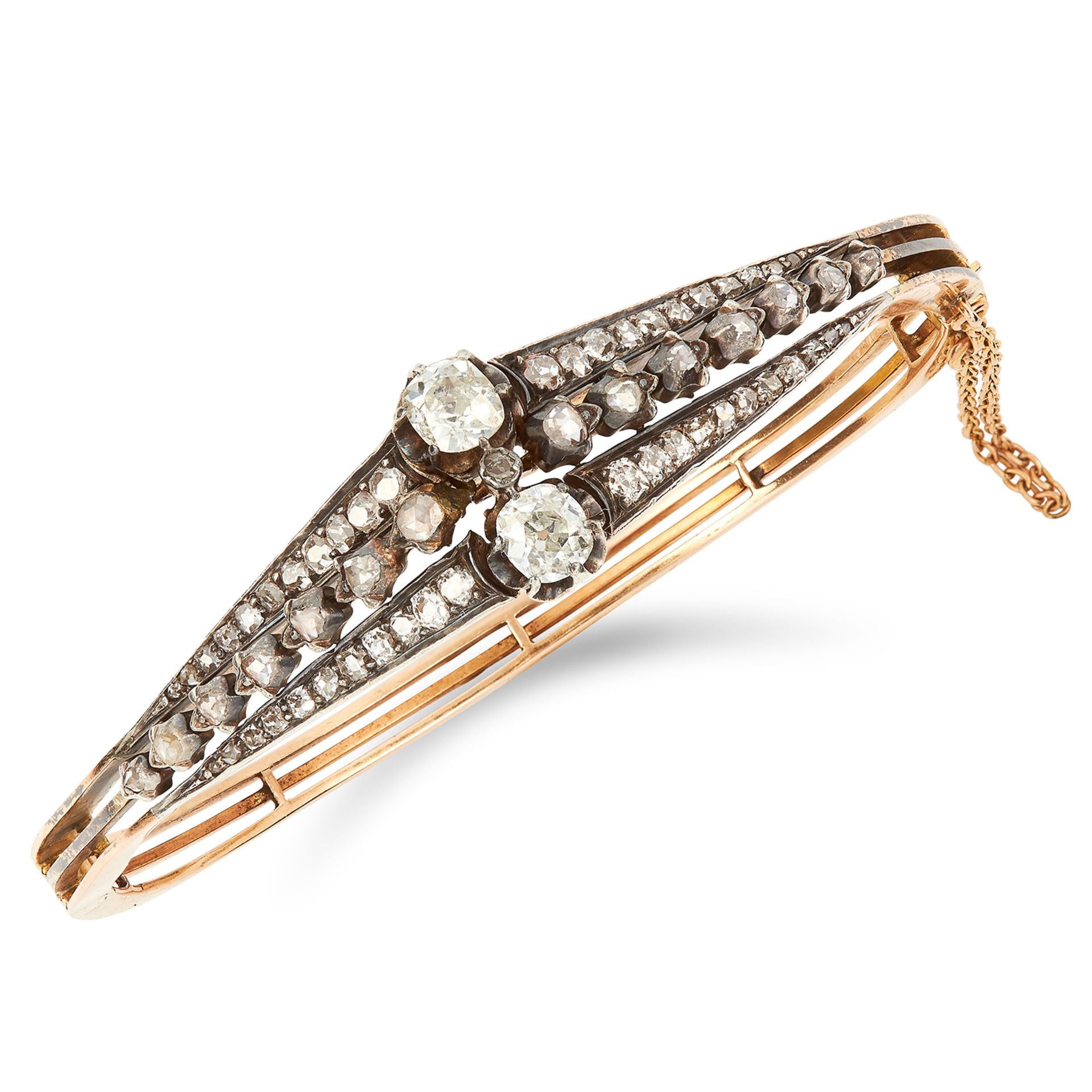 ANTIQUE DIAMOND BANGLE set with three rows of old and rose cut diamonds, 5.5cm inner diameter, 22.