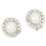 DIAMOND AND PEARL CLUSTER EARRINGS each set with a pearl in a cluster of round cut diamonds, 1.