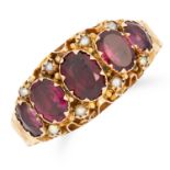 ANTIQUE GARNET AND PEARL RING set with oval cut garnet and seed pearls, size N / 7, 1.8g.