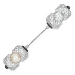 ART DECO NATURAL PEARL, DIAMOND AND ENAMEL JABOT PIN set with a pearl of 9.4mm, a principle old