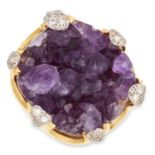 VINTAGE AMETHYST AND DIAMOND RING, ALBION CRAFT COMPANY 1971 set with a piece of amethyst crystal on