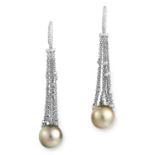 PEARL AND DIAMOND DROP EARRINGS each set with round cut diamonds suspending a chain set with faceted