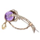 ANTIQUE AMETHYST AND PEARL BROOCH set with seed pearls and a round cut amethyst, 5.3cm, 8.6g.