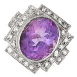 AMETHYST AND DIAMOND RING set with an oval cut amethyst and round cut diamonds, size R / 8.5, 5.3g.