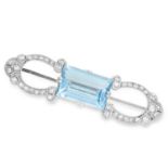 ANTIQUE AQUAMARINE AND DIAMOND BROOCH set with a step cut aquamarine of 6.70 carats accented by