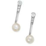 ANTIQUE NATURAL PEARL AND DIAMOND EARRINGS set with pearls of 7.4mm accented by old cut diamonds