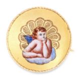 ANTIQUE CHERUB BROOCH, 19TH CENTURY set with pink and blue enamel depicting a cherub, 2.6cm, 3.7g.