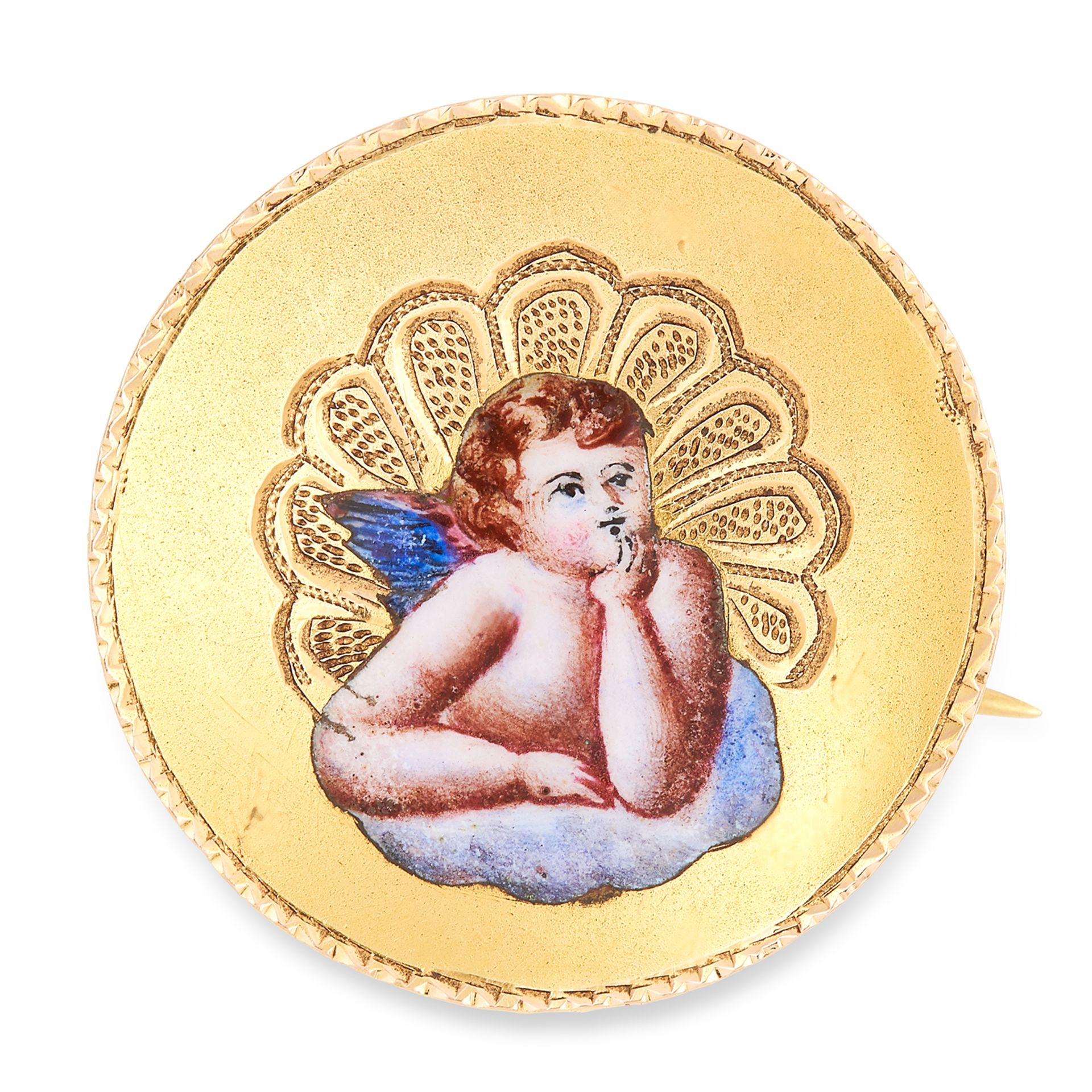 ANTIQUE CHERUB BROOCH, 19TH CENTURY set with pink and blue enamel depicting a cherub, 2.6cm, 3.7g.