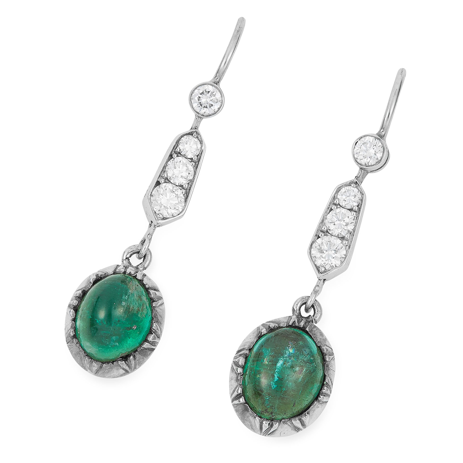 EMERALD AND DIAMOND EARRINGS each set with round cut diamonds and a cabochon emerald, 3.2cm, 4.3g.