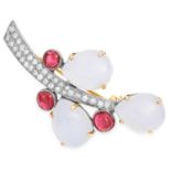 RUBY, MOONSTONE AND DIAMOND BROOCH in foliate motif set with three cabochon rubies, moonstones and