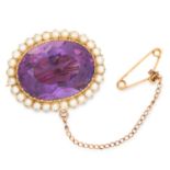 ANTIQUE AMETHYST AND PEARL BROOCH, set with an oval cut amethyst in a border of pearls, 2.7cm, 8.