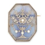 ANTIQUE AGATE, PEARL AND DIAMOND BROOCH, set on hexagonal agate, jewelled with rose cut diamonds and