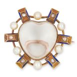 ANTIQUE PEARL, DIAMOND AND ENAMEL BROOCH set with a cabochon heart gem in a border of seed pearls,