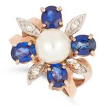PEARL, SAPPHIRE AND DIAMOND CLUSTER RING set with a pearl, oval cut sapphires and round cut