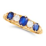 ANTIQUE SAPPHIRE AND DIAMOND FIVE STONE RING set with three oval cut sapphires and two