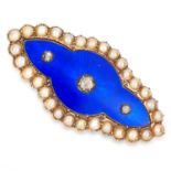 ANTIQUE PEARL, DIAMOND AND ENAMEL BROOCH set with blue enamel, rose cut diamonds and seed pearls,
