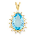 TOPAZ AND DIAMOND PENDANT set with a pear cut topaz in a cluster of round cut diamonds, 2.6cm, 5.