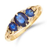 ANTIQUE SAPPHIRE THREE STONE RING, set with oval cut sapphires and rose cut accents, size N / 6.5,