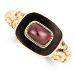 ANTIQUE GARNET AND ENAMEL MOURNING RING, 1819 set with a rectangular cabochon garnet and black