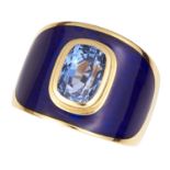 COLOUR CHANGE SAPPHIRE AND ENAMEL RING set with an oval cushion cut colour change sapphire in a