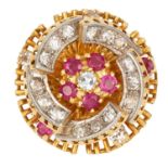 VINTAGE RUBY AND DIAMOND RING in Modernist design set with round cut diamonds and rubies, size N /