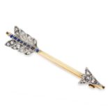 ANTIQUE SAPPHIRE AND DIAMOND ARROW BROOCH set with cushion cut sapphires and rose cut diamonds, 4.