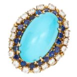 VINTAGE TURQUOISE, DIAMOND AND SAPPHIRE RING CIRCA 1970 set with an oval turquoise cabochon of 25.70