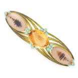 ART NOUVEAU DENDRITIC AGATE, CITRINE AND ENAMEL BROOCH set with two polished dendritic agate pieces,