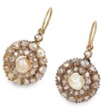 ANTIQUE DIAMOND AND PEARL EARRINGS each set with a pearl in a cluster of rose cut diamonds, 4cm,