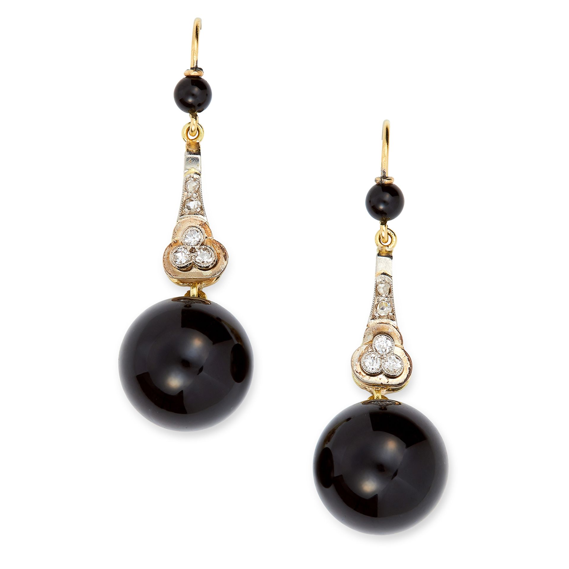 ART DECO ONYX AND DIAMOND EARRINGS set with rose and old cut diamonds, suspending onyx beads, 4.7cm,
